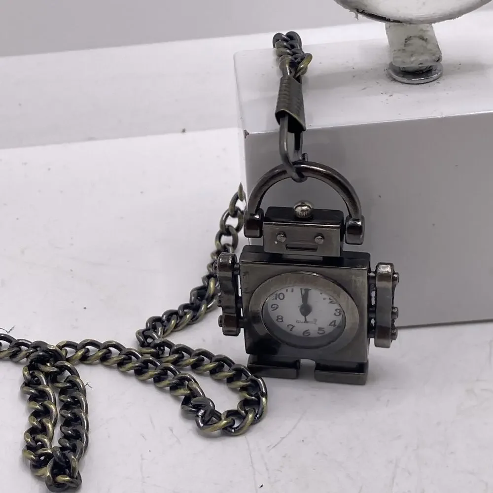 Robot Pocket Watch Silver With Chain Works New Battery